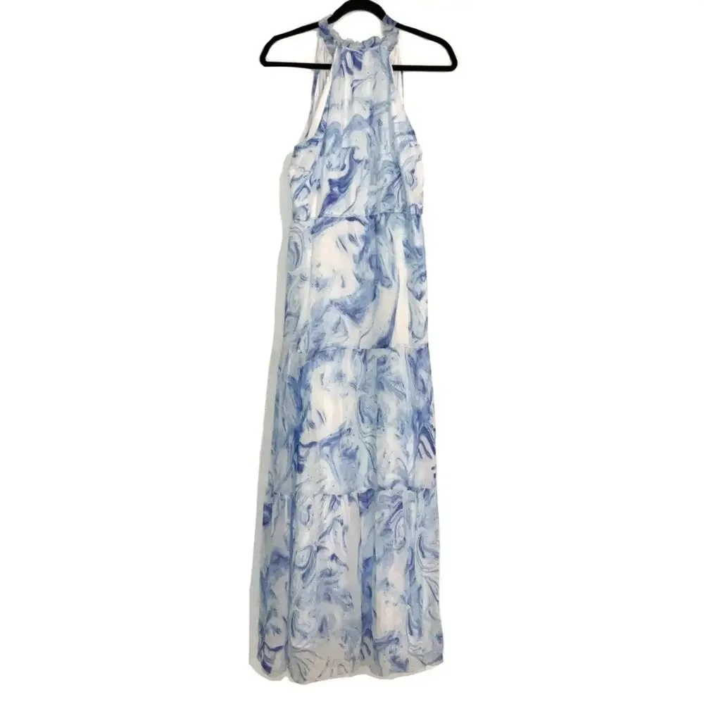 NWT Saylor Annela Sleeveless Tiered Ruffle Midi Dress M in Marble Blue White